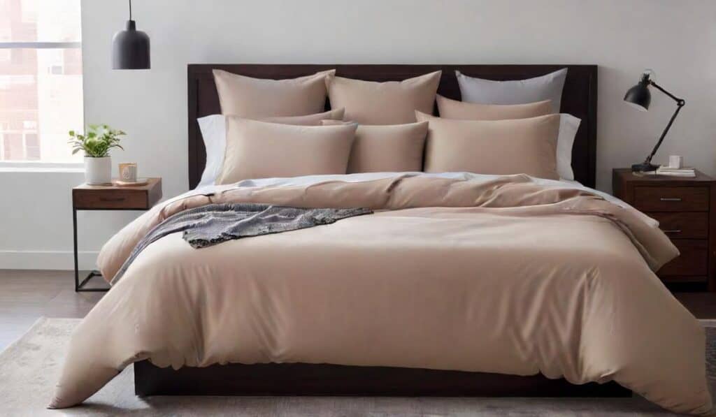 A chic urban apartment bedroom featuring microfiber bedding - perfectextile