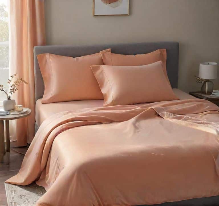 A luxurious bedroom scene featuring a neatly made bed with peach skin sheet sets - perfectextile