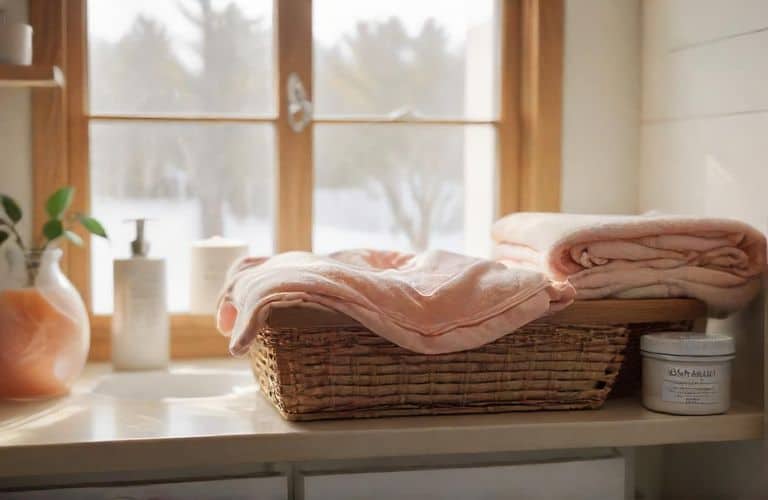 A serene and elegant laundry room scene featuring a neatly folded set of peach skin bedding on a wooden shelf - perfectextile