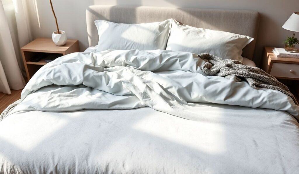 A tranquil bedroom scene at dawn featuring ultra soft microfiber bedding in pastel tones - perfectextile