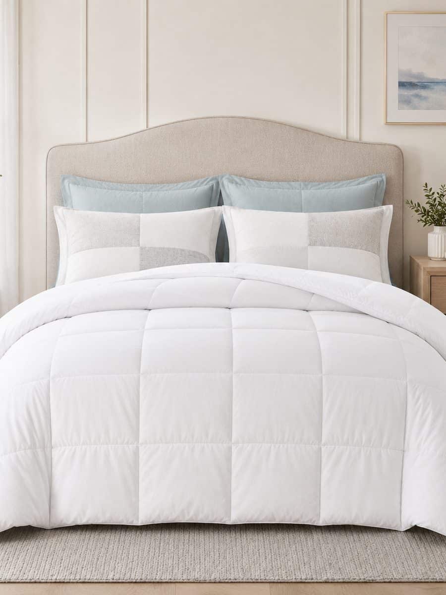Solid dyed microfiber fabric for comforter shell production