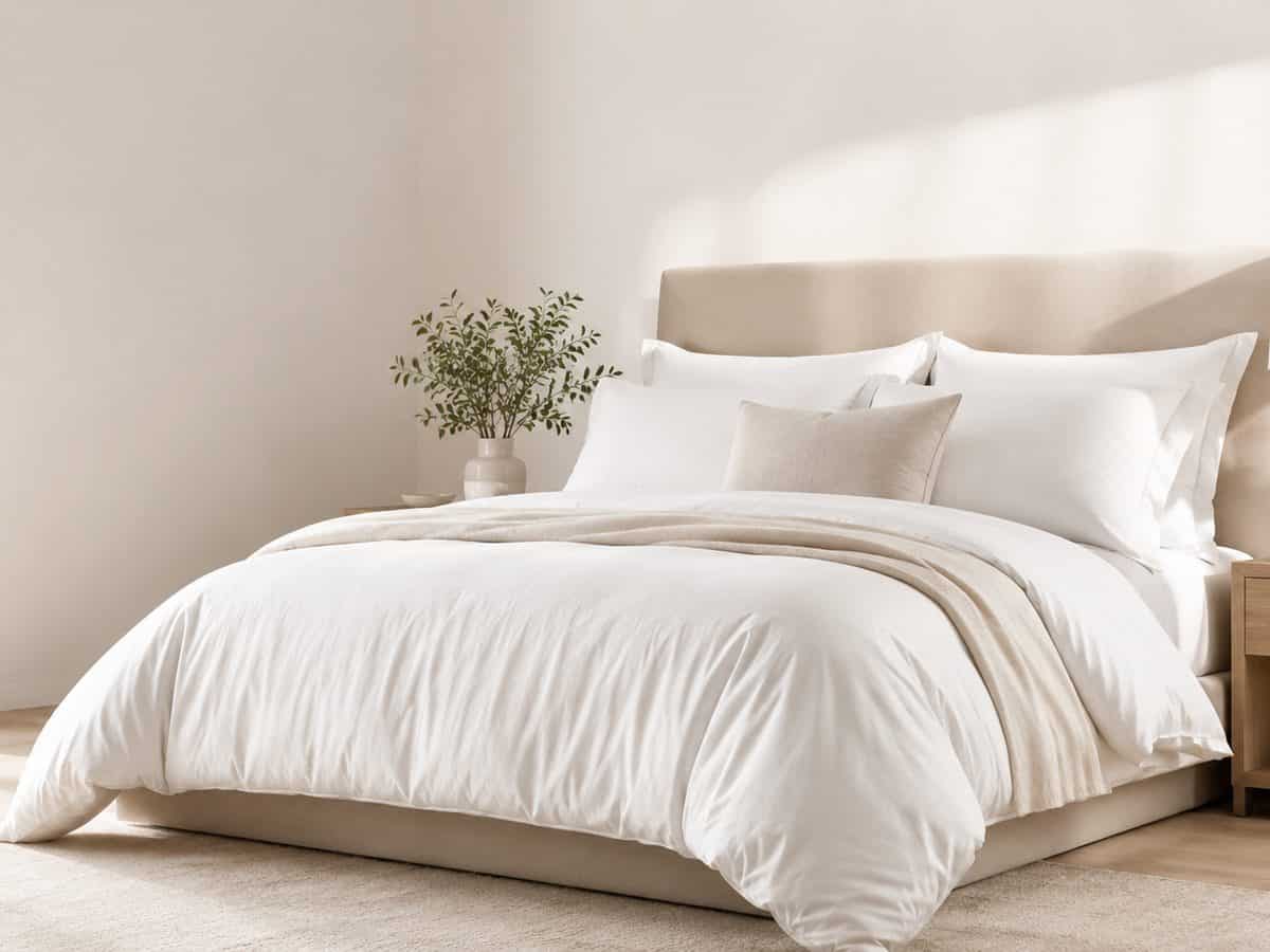 Cozy bedroom styled with white and cream finished bedding