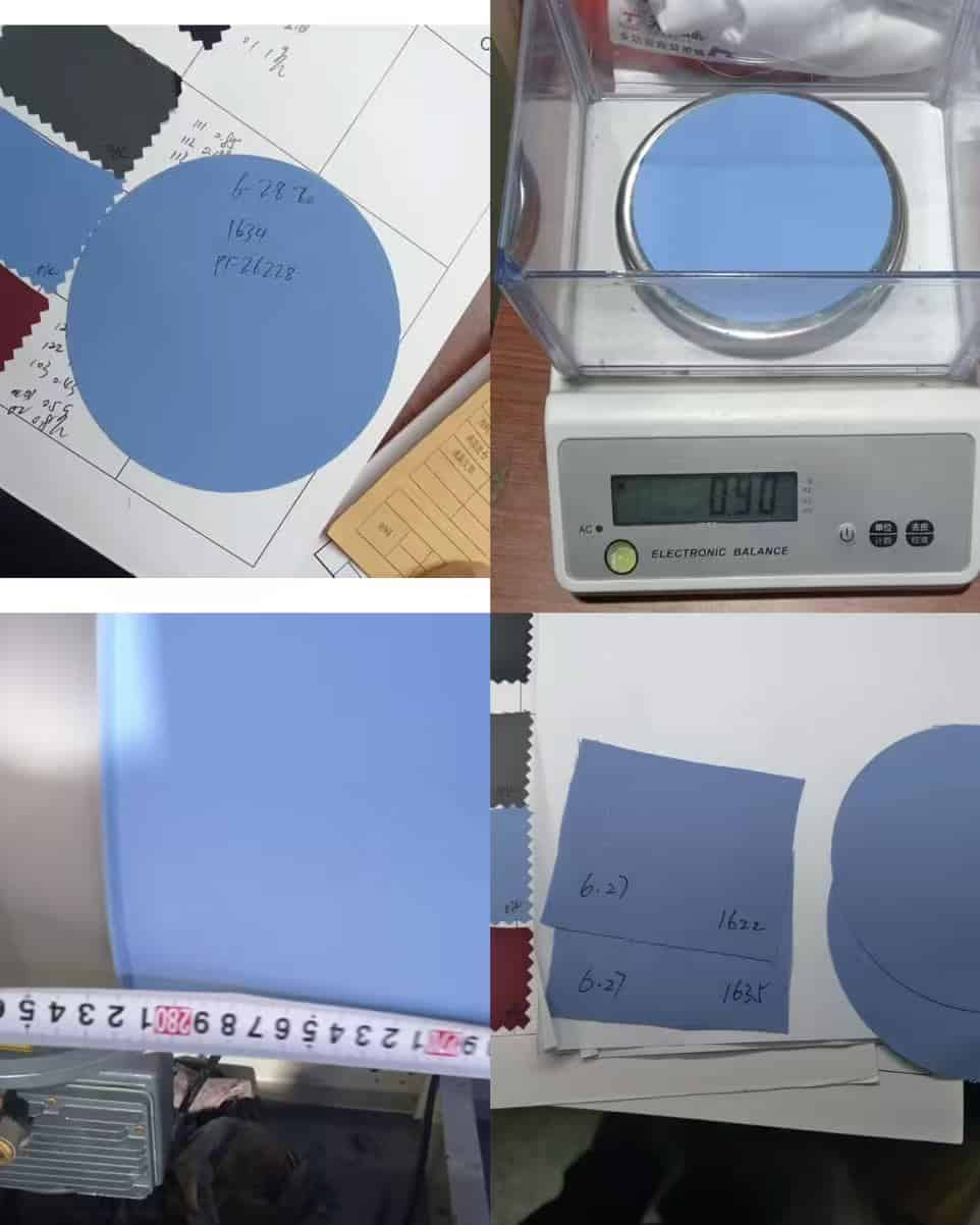 GSM weighing and usable-width measurement being performed on a polyester microfiber fabric sample